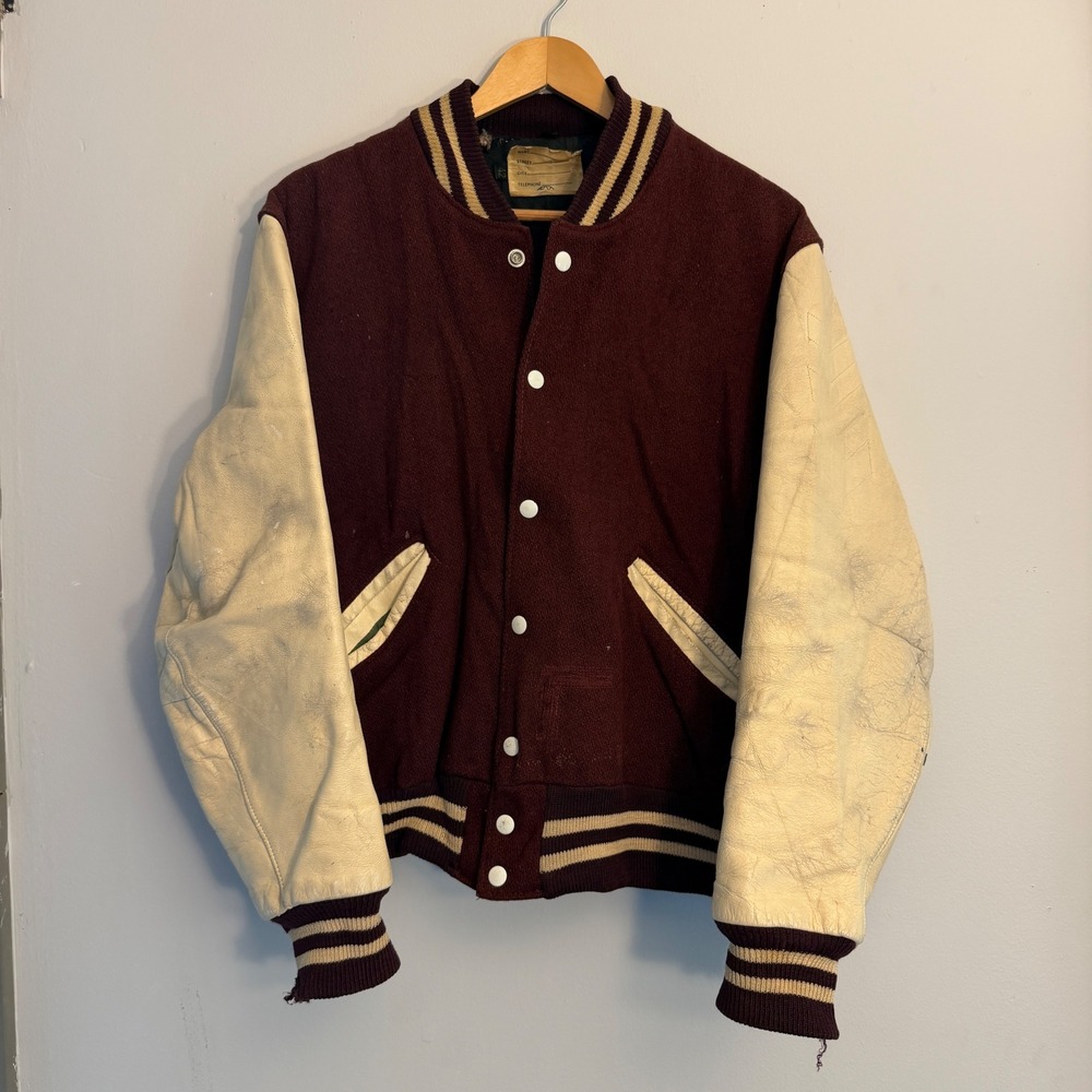 Vintage 1950s 60s Varsity Jacket Maroon Wool Cream Leather Sleeves 42 Distressed